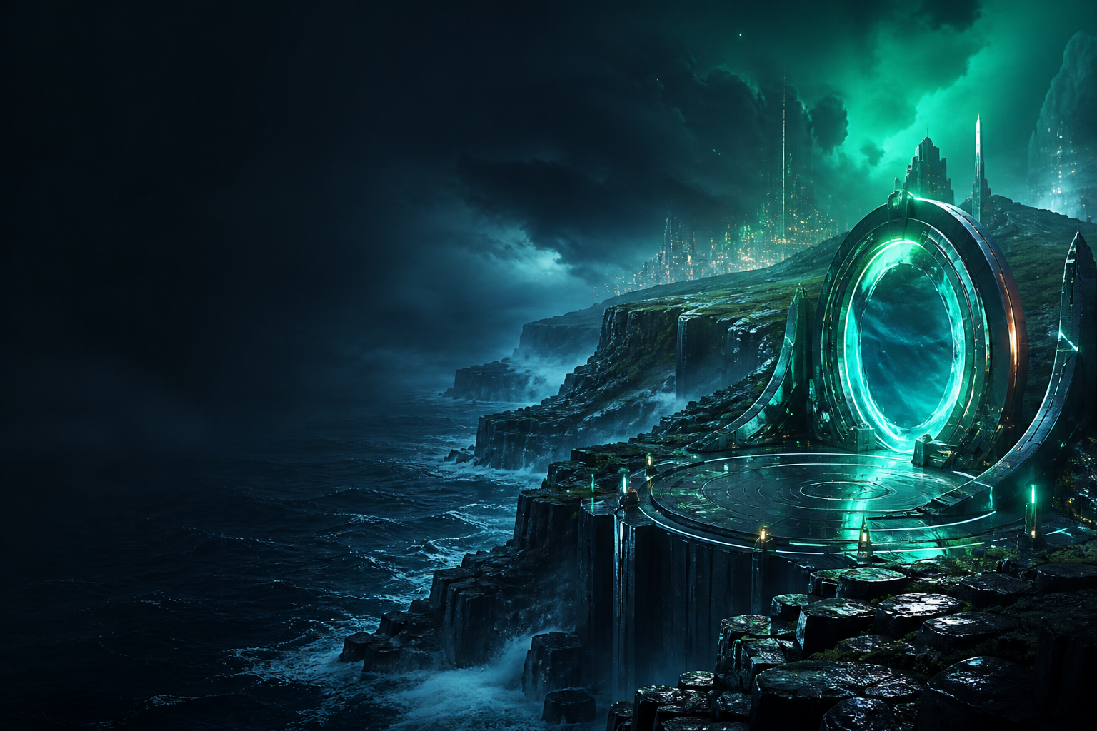 A luminous futuristic portal overlooking stormy Atlantic cliffs